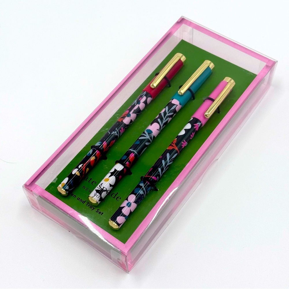 NWT kate spade Fall Floral Fine Tip Pen Set with Acrylic Tray Set of 3